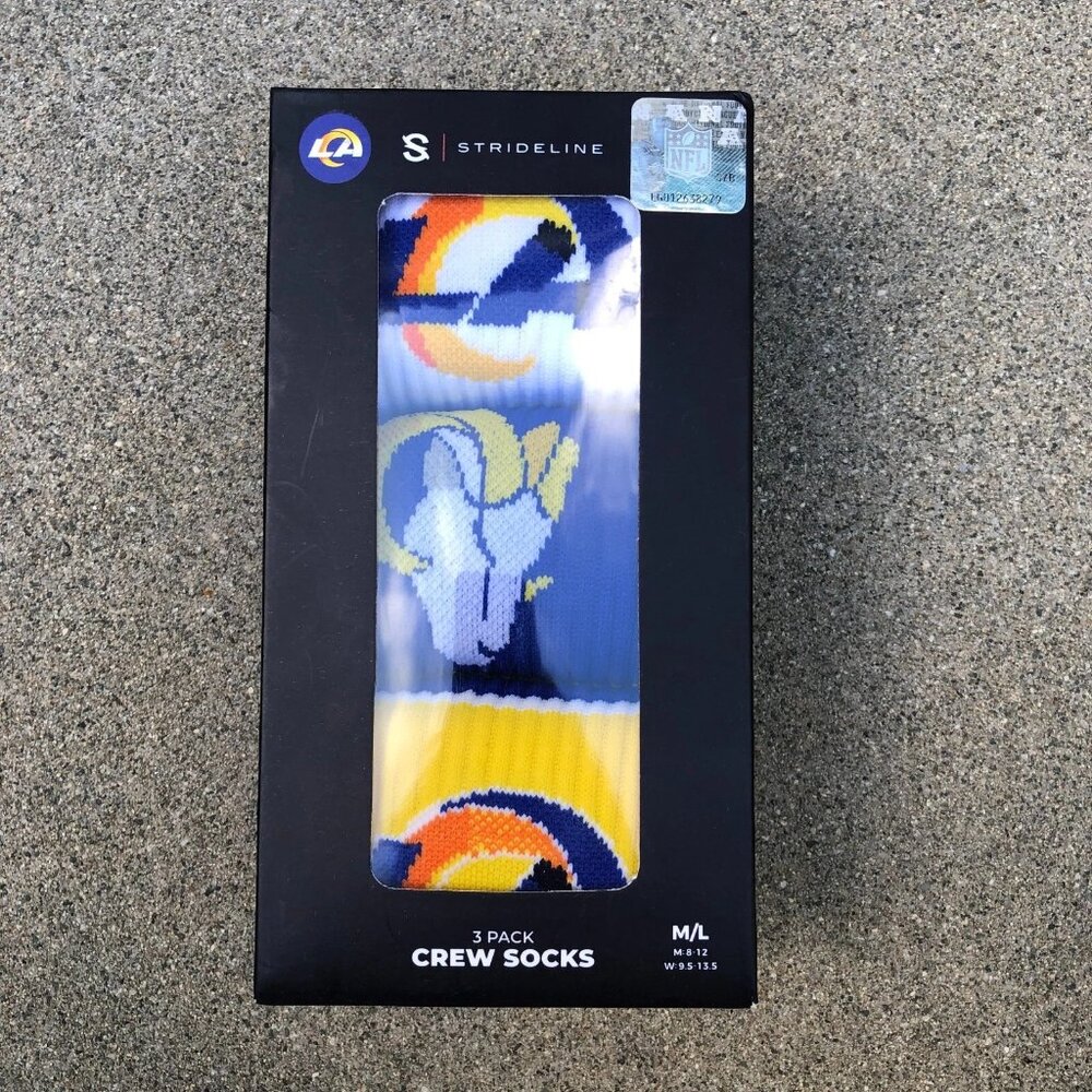 STRIDELINE Los Angeles Rams 3 Pack Crew Socks Men's M/L 8-12 Box NFL Brand New